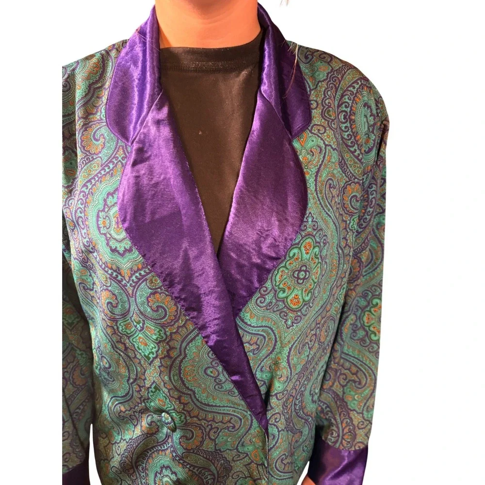 Victoria's Secret Robe Women Small Teal Purple Good Vintage Paisley Gold Label